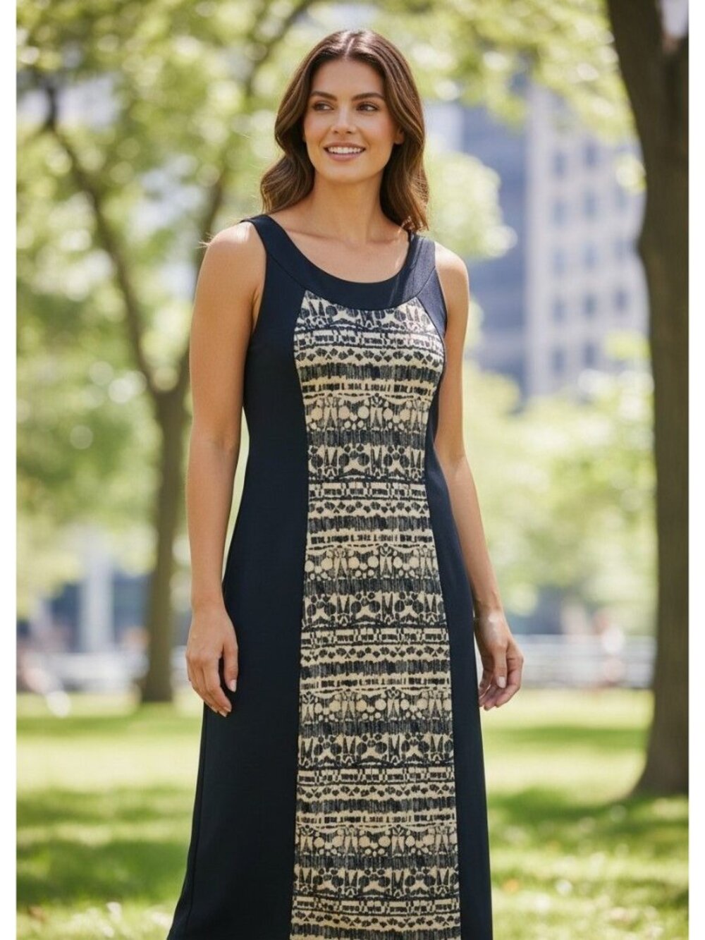 R&M Richards Black & Tan Panel Front Midi Dress Size 16W Sleeveless Stretch